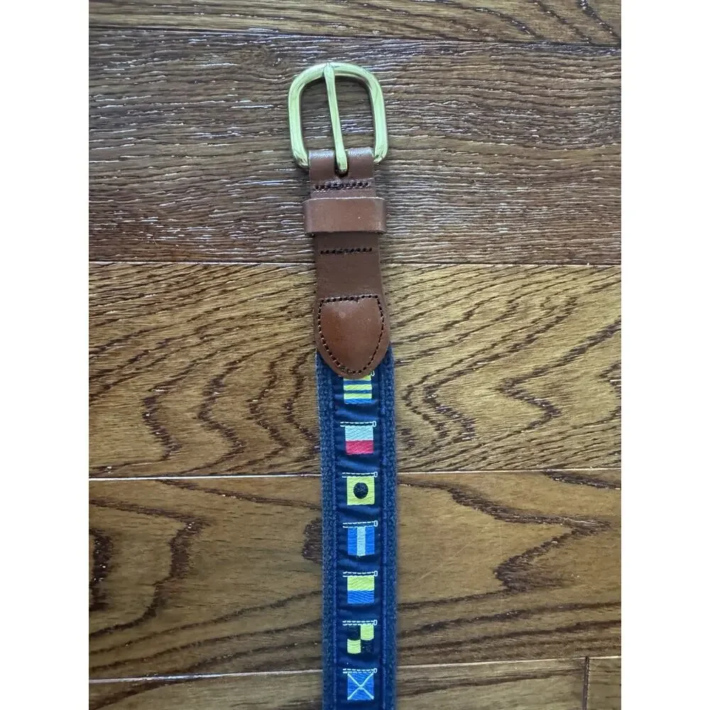 Leather Man Ltd Belt Mens 36 Navy Web Brass Buckle Embroidery Nautical Flags USA